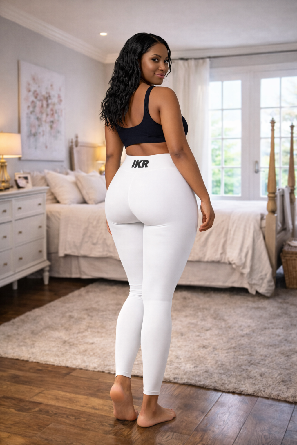 Woman wearing white leggings with 'IKR' branding in a bedroom setting